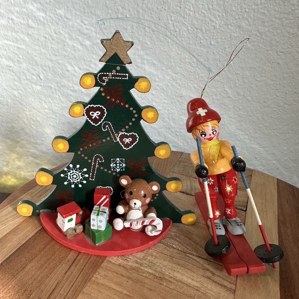 Vintage Wood Christmas Tree Presents Skier‎ Ornaments Lot Of 2 Germany Handmade